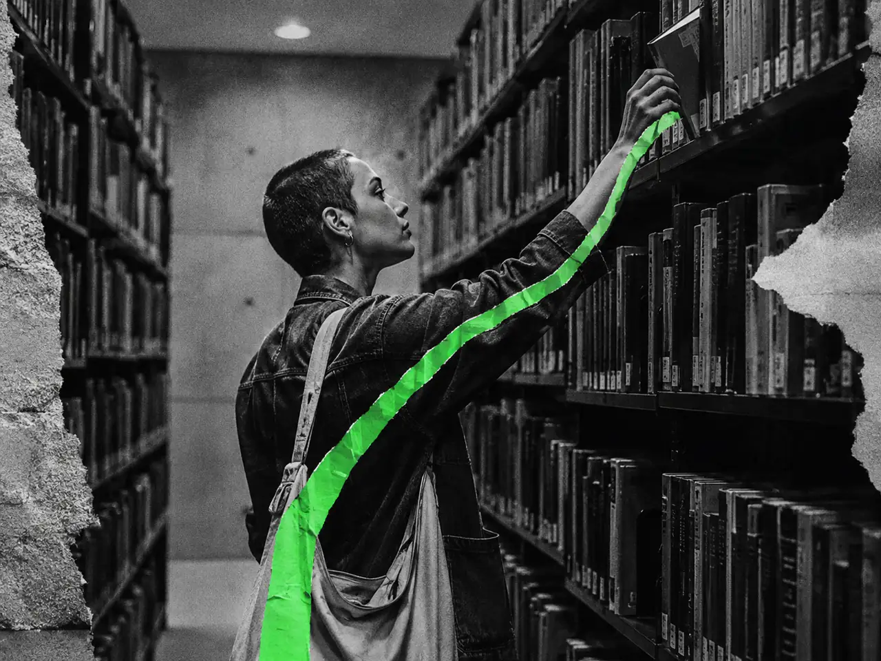 A person reaches for a library book along a green paper strip.