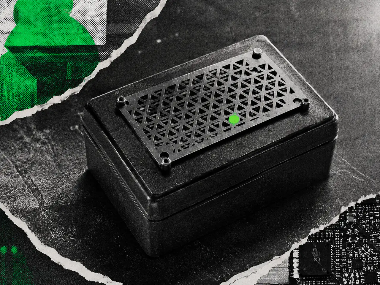 A perforated metal template with a green dot rests on a closed black box.
